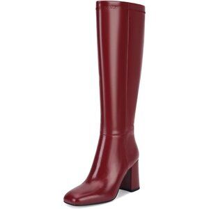Women's Faux Leather Square Toe Chunky Heel Knee High Boots Side Zip Red